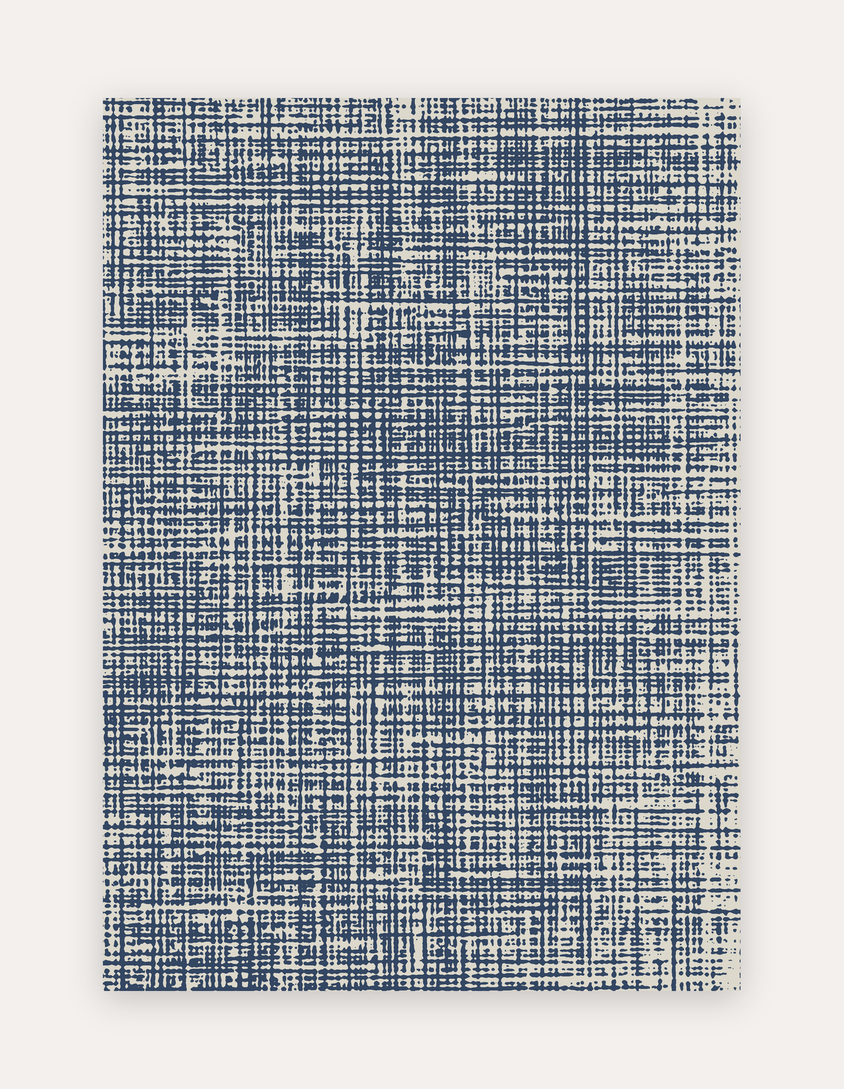 Sloane Navy non-toxic high-density foam exercise and play mat shown flat in a 5x7 ft size, navy-blue crosshatch linen pattern on soft ivory
