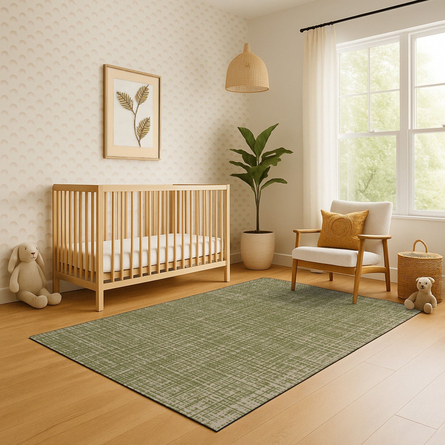 Neutral baby nursery with calm aesthetic and decorative dual use exercise mat and play mat in basque colorway.