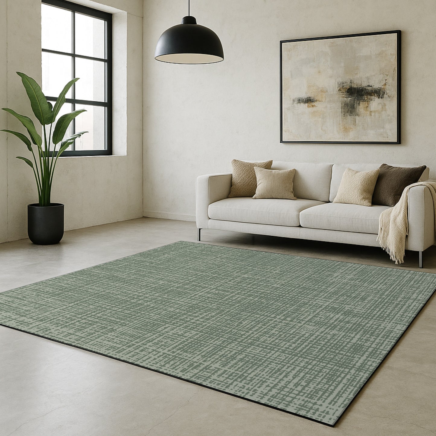 Decorative green neutral Swankymat foam exercise mat and play mat in modern living room with toys, coffee table, white sofa, abstract art.