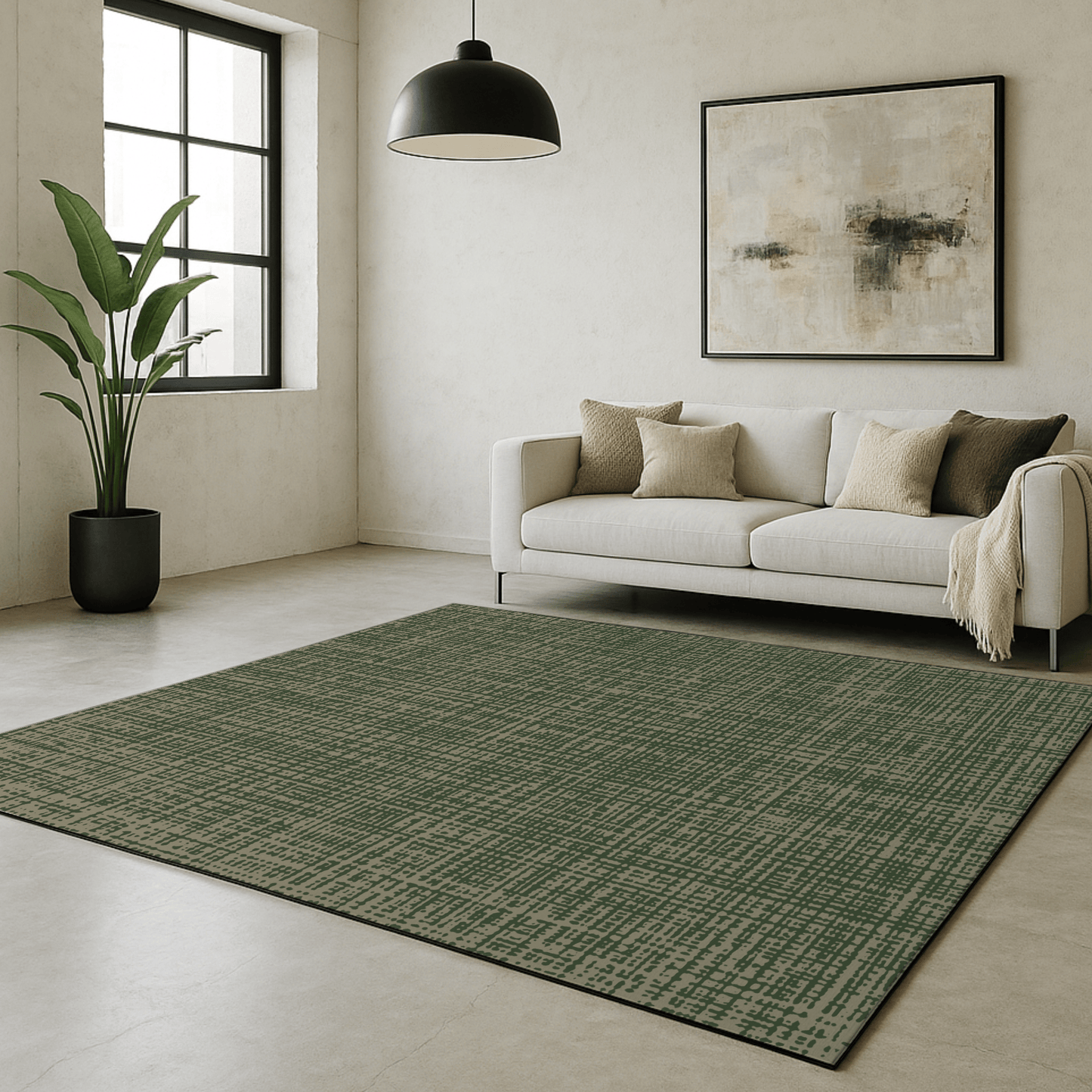 Decorative green neutral Swankymat foam exercise mat and baby play mat in modern living room with toys, coffee table, white sofa, abstract art.
