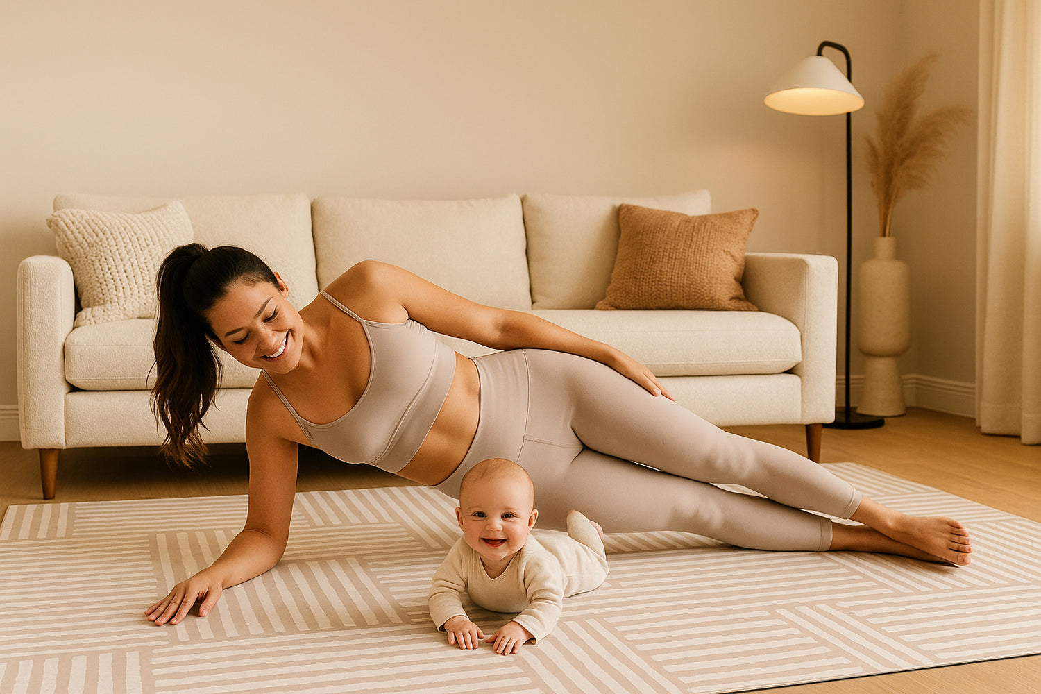 Smiling mom doing side plank on cushioned Swankymat while baby plays on neutral striped non-toxic foam mat in living room.