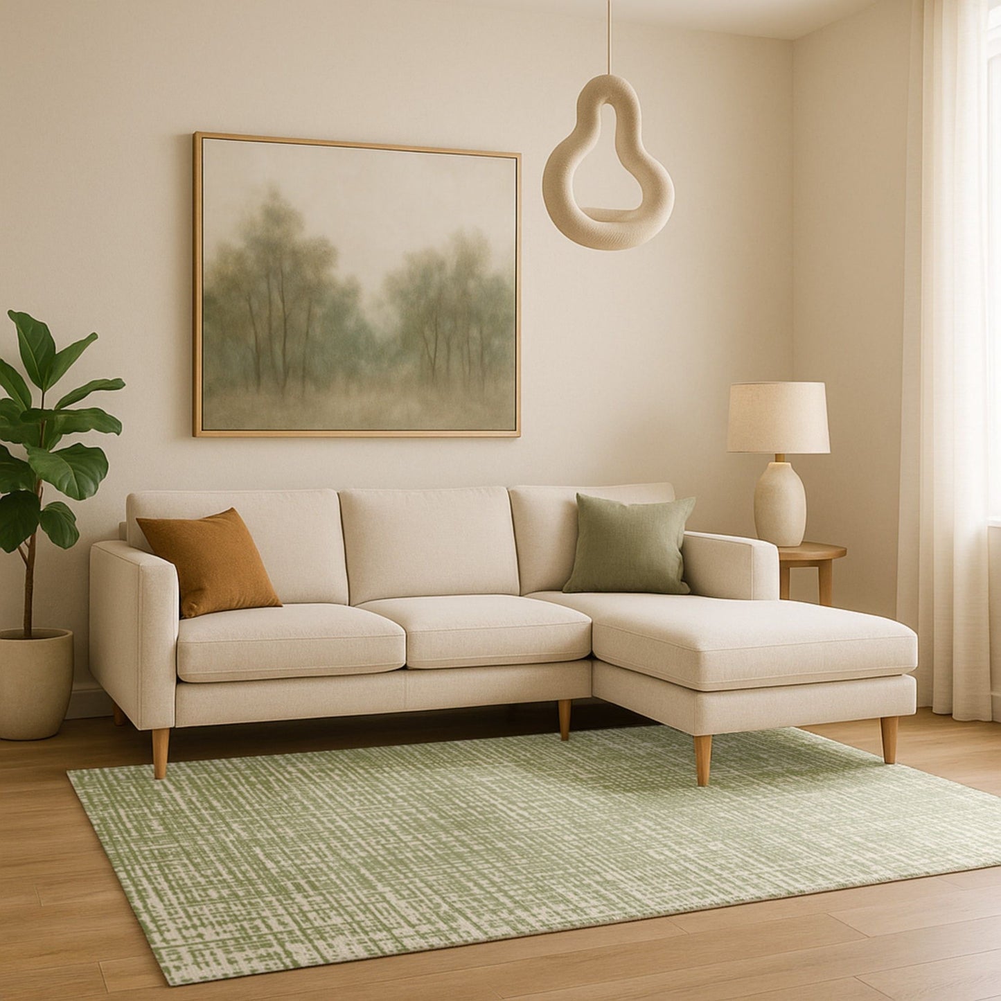 Modern living room with a neutral furniture and a complimentary neutral basque beige exercise mat and play mat for kids.