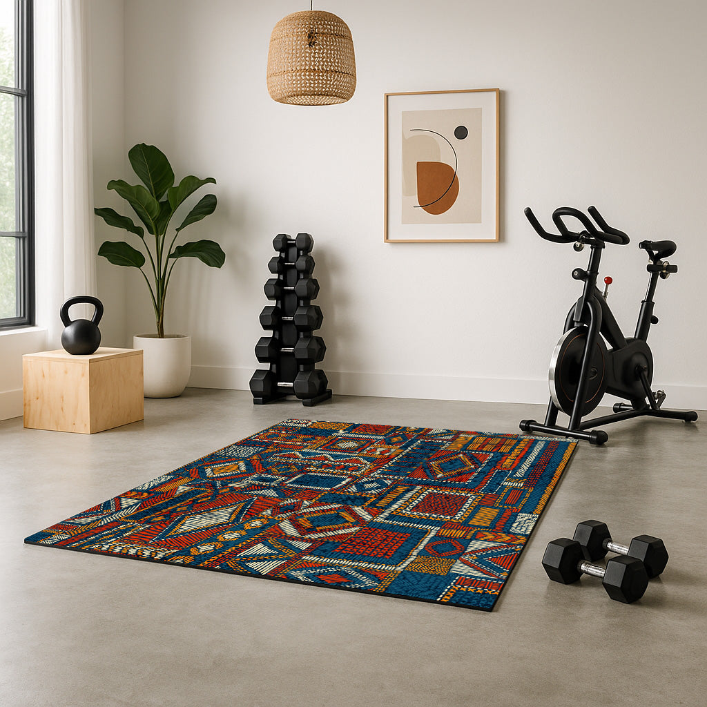 Colorful decorative pattern Swankymat foam exercise mat and play mat styled in a modern neutral gym with exercise equipment and exercise bike.