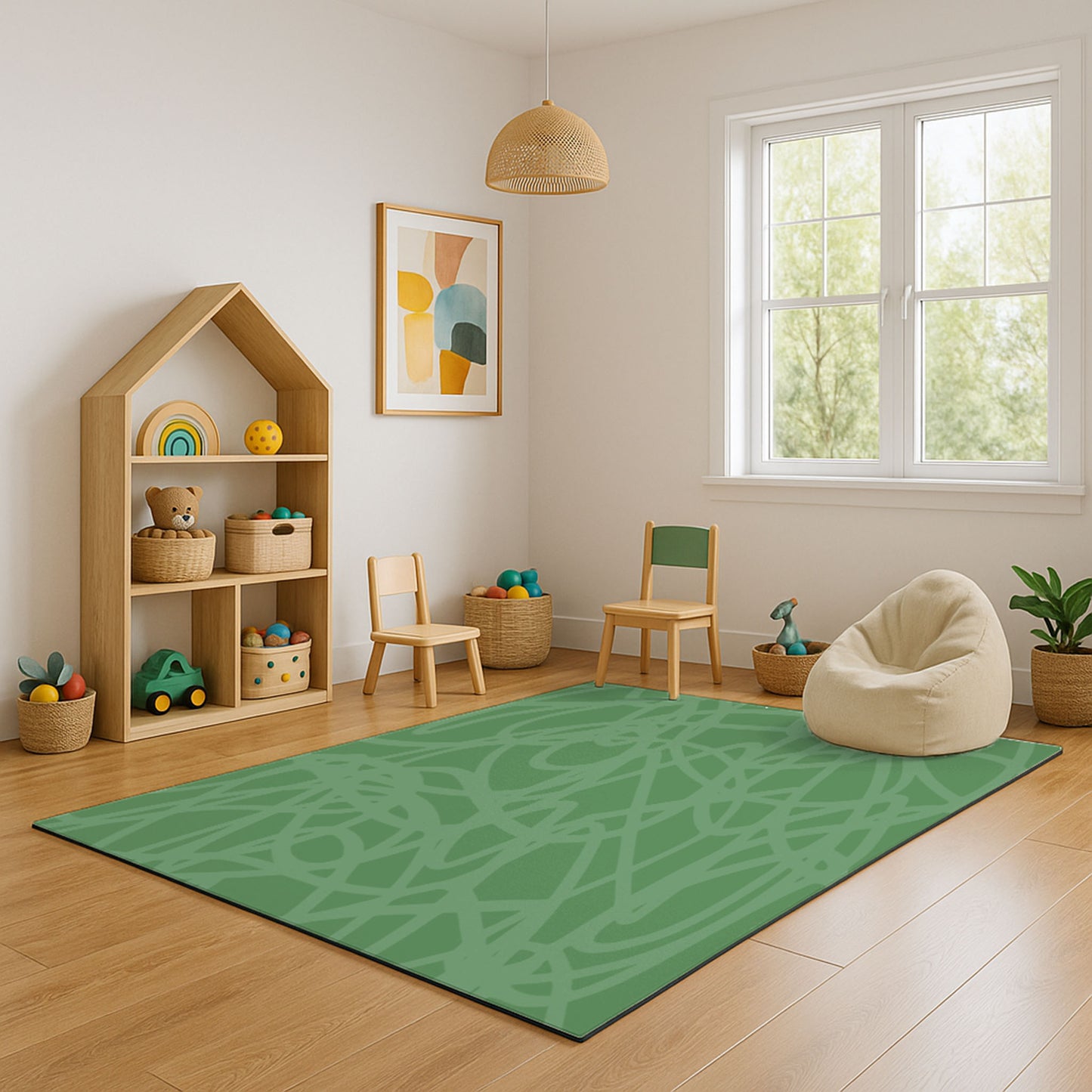 Swankymat scribble forest green foam exercise mat and play mat in a kids’ playroom with toys, beanbag, and wood accents.