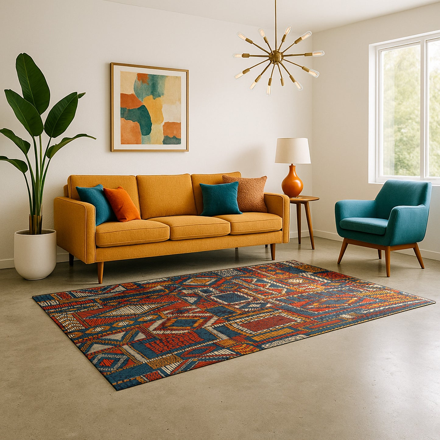 Colorful tribal geometric Swankymat foam exercise mat and play mat styled in a modern boho living room with mustard sofa.