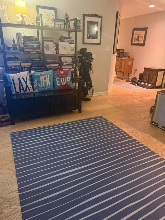 Swankymat largest exercise mat in blue wavy pattern styled in home