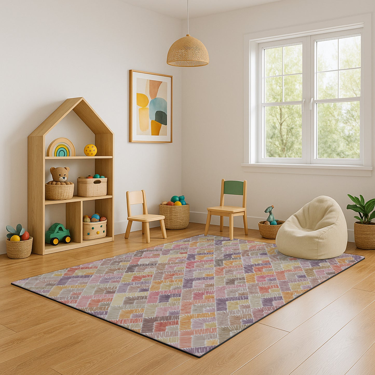 Swankymat non-toxic eco-friendly extra large exercise mat and play mat in Catalina pink design styled in modern nursery playroom