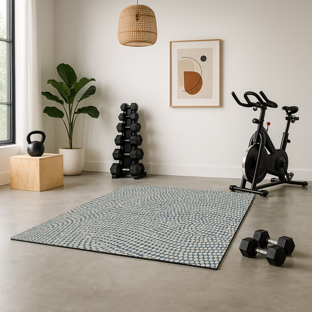 Swankymat non-toxic foam play mat and exercise mat with blue dot pattern, in home gym, perfect for living rooms, playrooms, and home workouts.