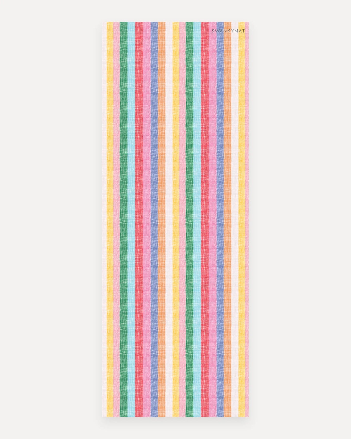 Swankymat The Riviera Mat non-toxic foam studio yoga and exercise mat, 26 by 71 inch studio size, bright multicolor woven cabana stripe pattern in yellow, green, aqua, coral, pink, blue, and orange shown flat from above