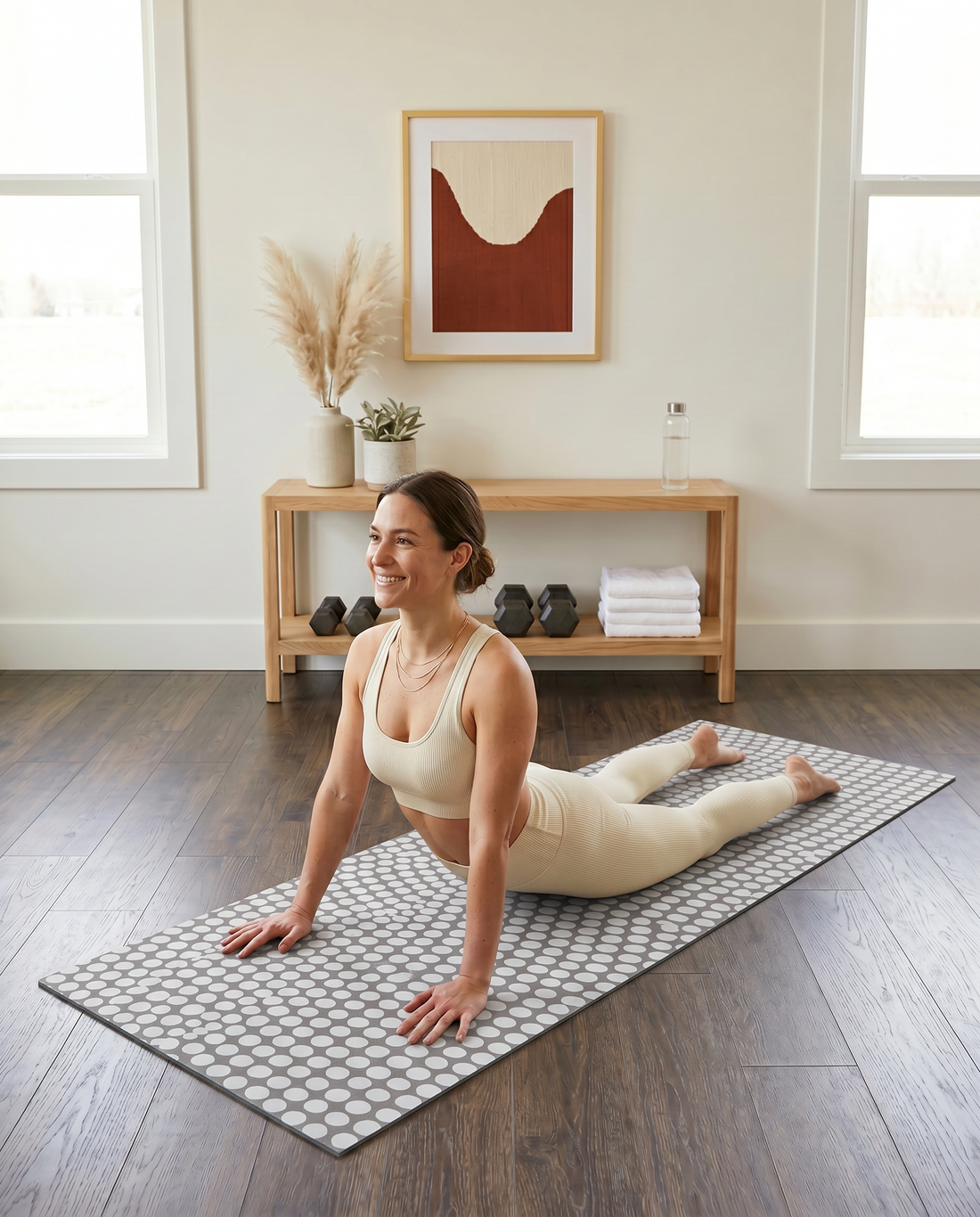 Woman stretching for self care on a swankymat yoga mat