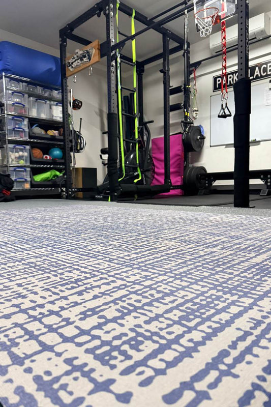 Compact home gym with cool mat for exercise