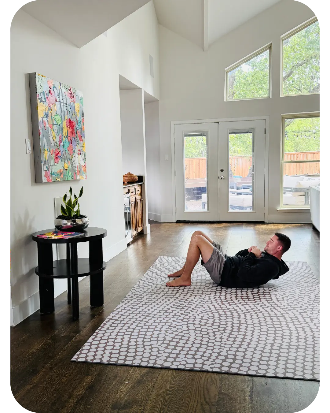 Habit stacking practice on a Swankymat Circa Sandstone Oversized mat for daily wellness