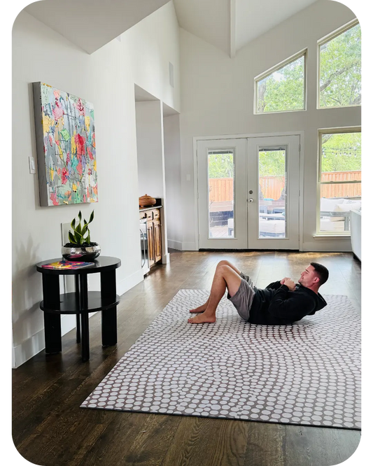 Habit stacking practice on a Swankymat Circa Sandstone Oversized mat for daily wellness