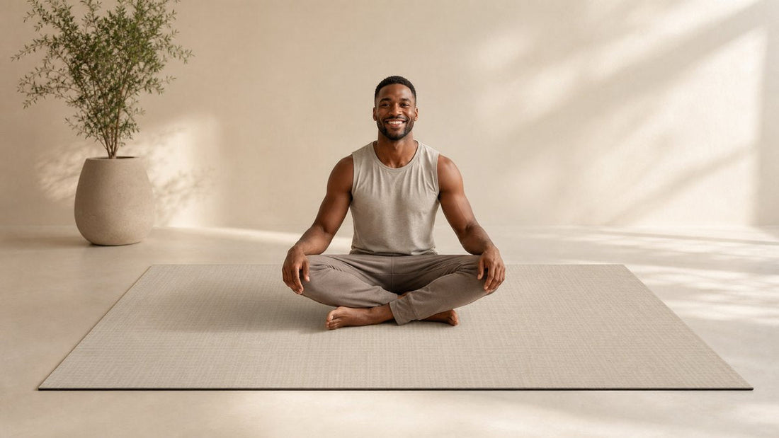 A dual-use home gym and meditation room featuring the Sloane Dust Neutral Swankymat