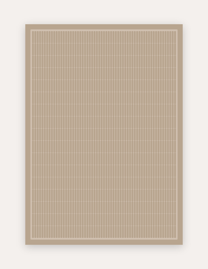 Arlo Dust Oversized Mat, a non-toxic high-density foam exercise mat in a soft dusty taupe mid-century geometric grid with a framed border, shown flat in a 5x7 ft size as a modern rug alternative