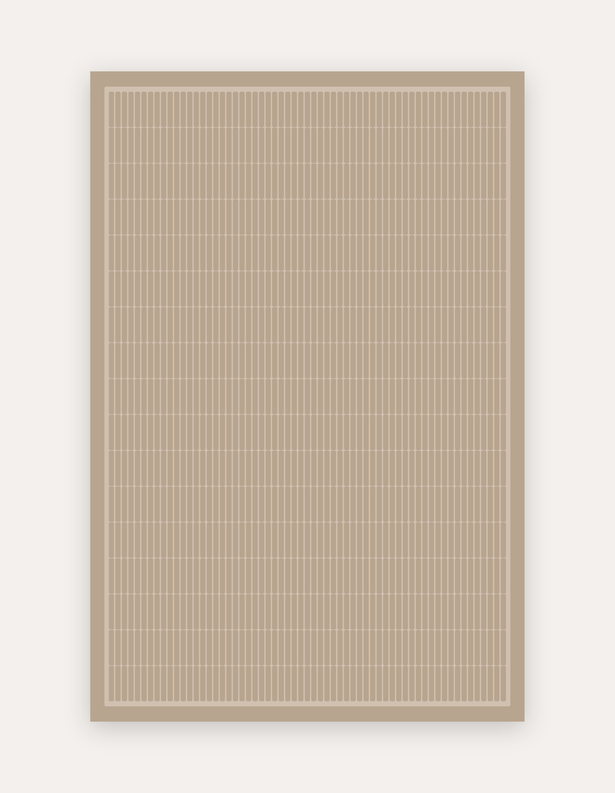 Arlo Dust Oversized Mat, a non-toxic high-density foam exercise mat in a soft dusty taupe mid-century geometric grid with a framed border, shown flat in a 6x9 ft size as a modern rug alternative