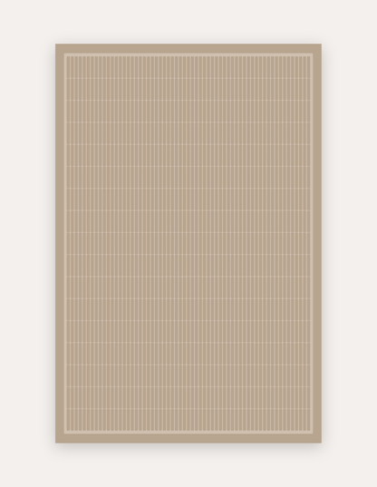 Arlo Dust Oversized Mat, a non-toxic high-density foam exercise mat in a soft dusty taupe mid-century geometric grid with a framed border, shown flat in a 6x9 ft size as a modern rug alternative