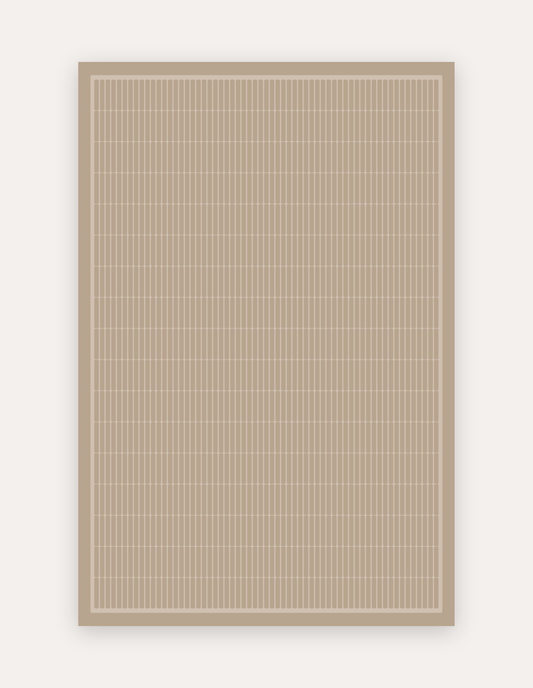 Arlo Dust Oversized Mat, a non-toxic high-density foam exercise mat in a soft dusty taupe mid-century geometric grid with a framed border, shown flat in a 6x9 ft size as a modern rug alternative