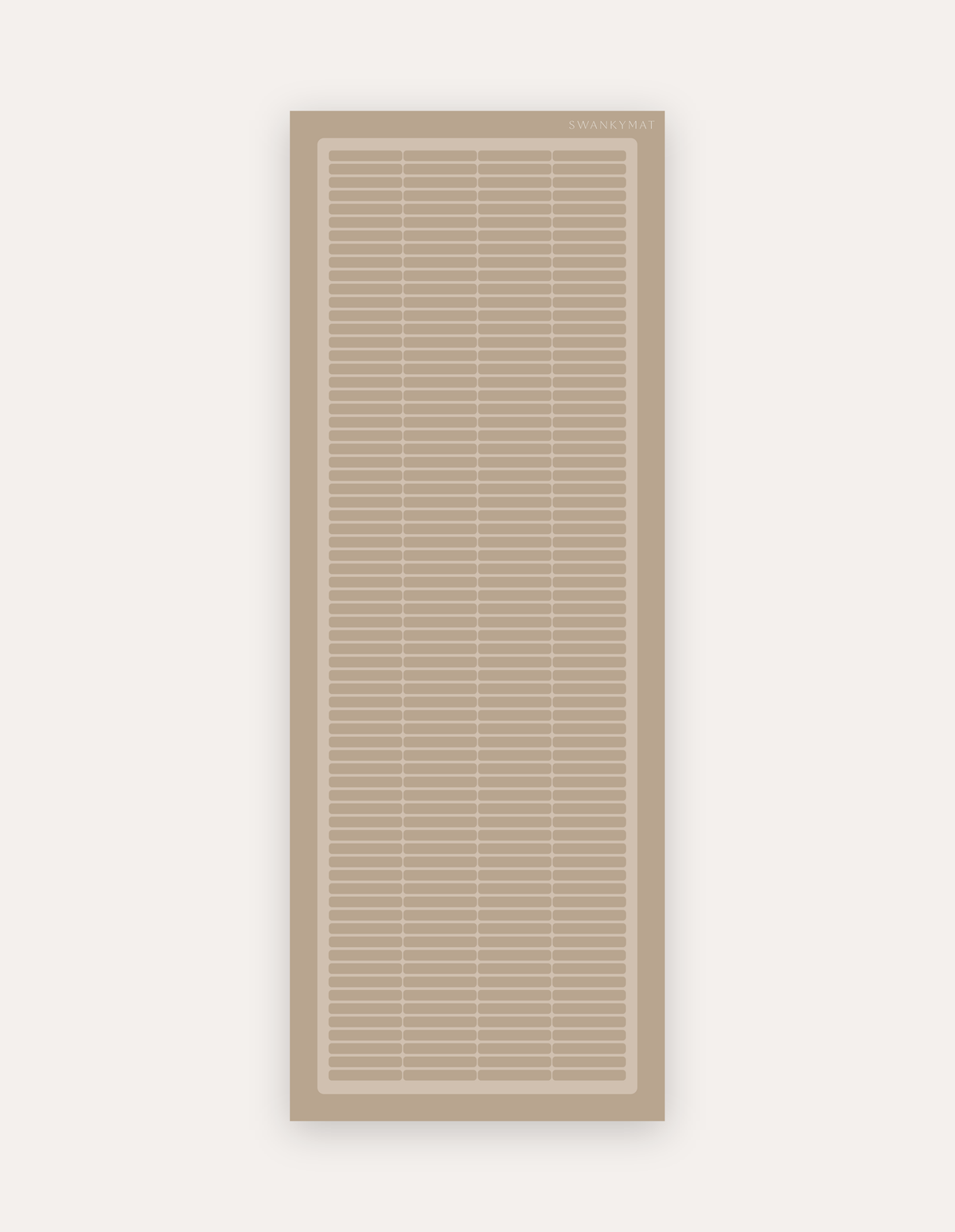 Arlo Dust Studio Mat, a rollable non-toxic high-density foam studio mat in a soft dusty taupe mid-century geometric grid with a framed border, shown flat for yoga, pilates and HIIT