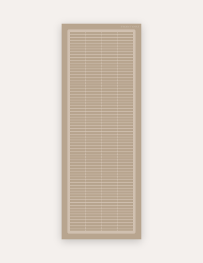 Arlo Dust Studio Mat, a rollable non-toxic high-density foam studio mat in a soft dusty taupe mid-century geometric grid with a framed border, shown flat for yoga, pilates and HIIT