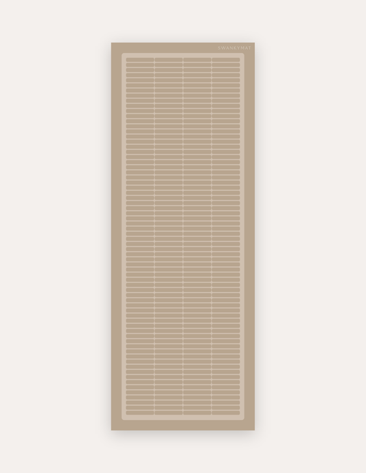 Arlo Dust Studio Mat, a rollable non-toxic high-density foam studio mat in a soft dusty taupe mid-century geometric grid with a framed border, shown flat for yoga, pilates and HIIT