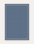 Arlo Navy 6x9 exercise mat — an extra-large non-toxic high-density foam mat in a deep navy geometric grid with ivory linear tiles, for home-gym workouts, yoga and family play