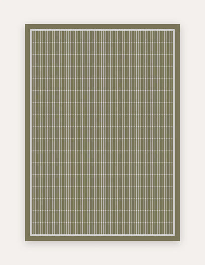 Arlo Olive 5x7 exercise mat — a large non-toxic high-density foam mat in an olive-green geometric grid with an ivory linear-tile pattern, for home workouts, yoga and family play