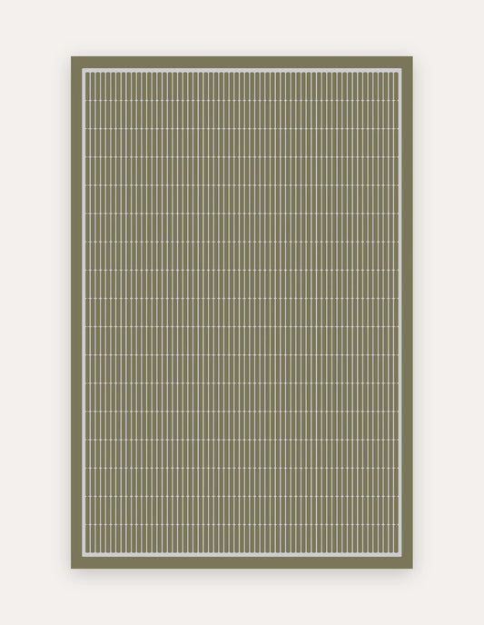 Arlo Olive 6x9 exercise mat — an extra-large non-toxic high-density foam mat in an olive-green geometric grid with ivory linear tiles, for home-gym workouts, yoga and family play