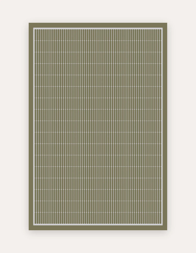 Arlo Olive 6x9 exercise mat — an extra-large non-toxic high-density foam mat in an olive-green geometric grid with ivory linear tiles, for home-gym workouts, yoga and family play