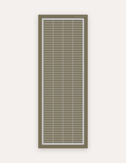 Arlo Olive Studio Mat, a rollable non-toxic high-density foam studio mat in an olive green mid-century geometric grid with pale grey lines and a framed border, shown flat for yoga, pilates and HIIT