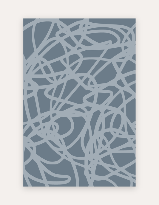 Scribble Hazy oversized exercise and play mat in hazy-blue hand-drawn scribble, 6x9 ft — a non-toxic high-density foam rug alternative