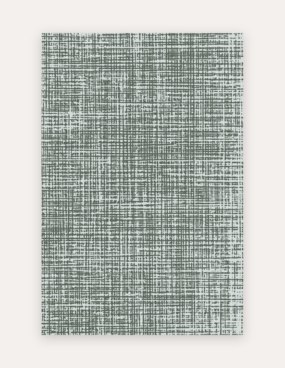 Sloane Forest oversized mat shown flat in a 6x9 ft size, forest-green crosshatch linen design on cushioned non-toxic foam, a modern rug alternative