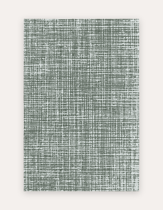 Sloane Forest oversized mat shown flat in a 6x9 ft size, forest-green crosshatch linen design on cushioned non-toxic foam, a modern rug alternative