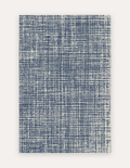Sloane Navy oversized mat shown flat in a 6x9 ft size, navy-blue crosshatch linen design on cushioned non-toxic foam, a modern rug alternative
