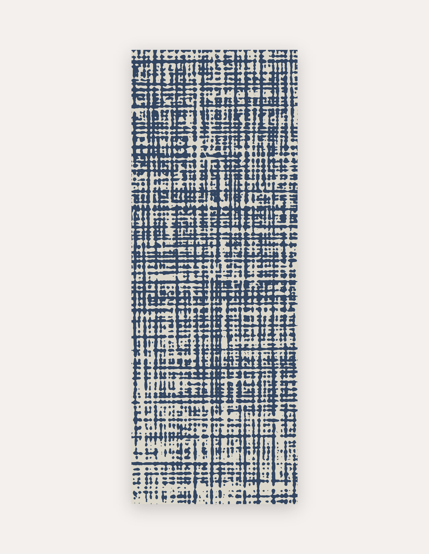 Sloane Navy studio mat in navy-blue crosshatch on soft ivory, a non-toxic high-density foam yoga and pilates mat that rolls up to store