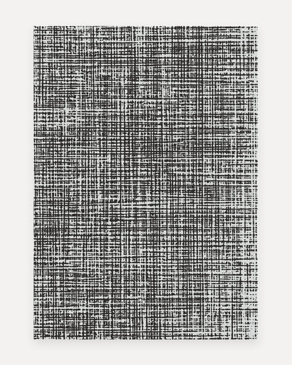Sloane Onyx Oversized Mat, a non-toxic extra-large exercise mat with a hand-drawn black crosshatch over pale gray, shown flat in a 5x7 ft size as a modern rug alternative