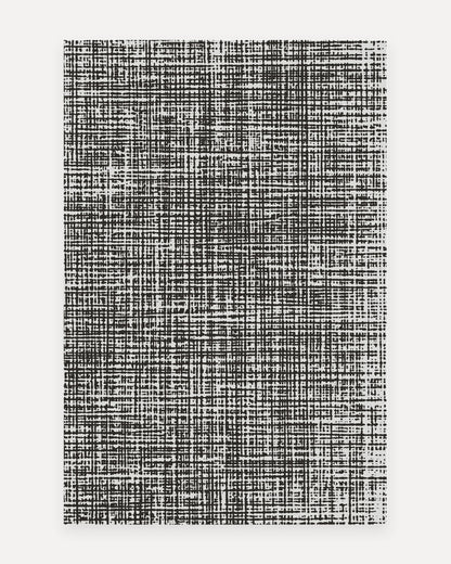 Sloane Onyx Oversized Mat, a non-toxic extra-large exercise mat with a hand-drawn black crosshatch over pale gray, shown flat in a 6x9 ft size as a modern rug alternative