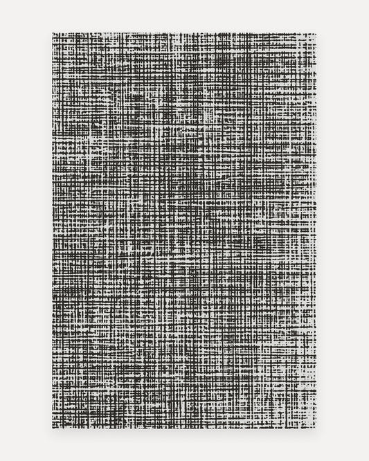 Sloane Onyx Oversized Mat, a non-toxic extra-large exercise mat with a hand-drawn black crosshatch over pale gray, shown flat in a 6x9 ft size as a modern rug alternative