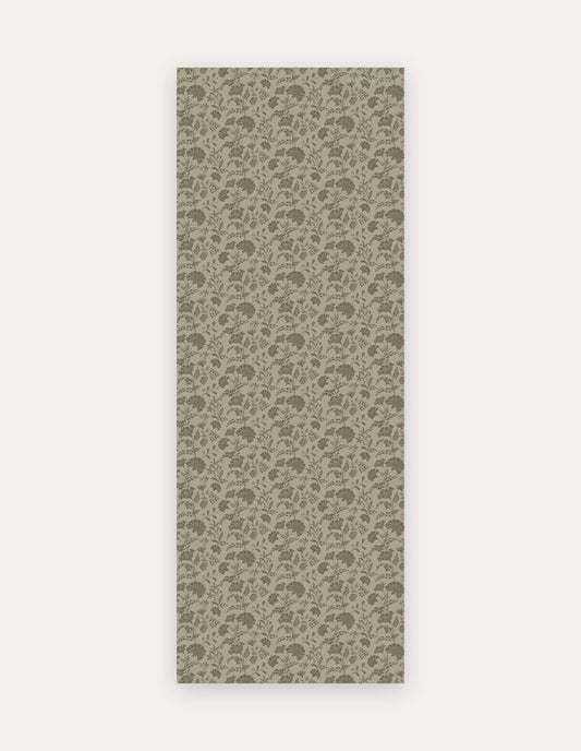 Flora Dune Studio Mat, a rollable non-toxic high-density foam studio mat with warm brown botanical florals on a soft sandy neutral, shown flat for yoga, pilates and HIIT
