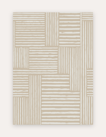 Rhodes Camel non-toxic high-density foam exercise and play mat shown flat in a 5x7 ft size, warm camel and cream painterly stripe pattern