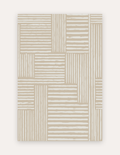 Rhodes Camel oversized mat shown flat in a 6x9 ft size, warm camel-and-cream painterly stripe design on cushioned non-toxic foam, a modern rug alternative