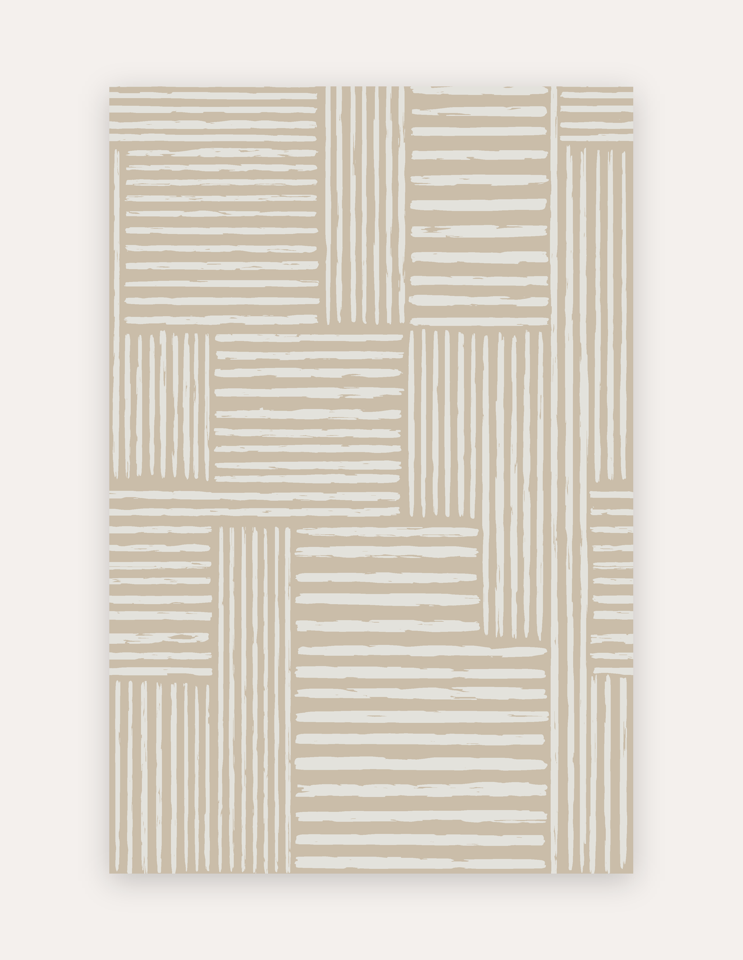 Rhodes Camel oversized mat shown flat in a 6x9 ft size, warm camel-and-cream painterly stripe design on cushioned non-toxic foam, a modern rug alternative