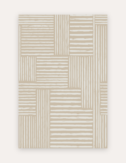 Rhodes Camel oversized mat shown flat in a 6x9 ft size, warm camel-and-cream painterly stripe design on cushioned non-toxic foam, a modern rug alternative