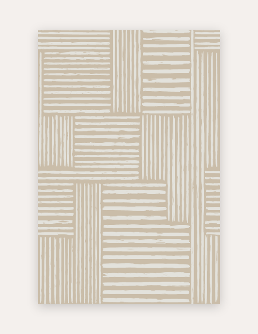 Rhodes Camel oversized mat shown flat in a 6x9 ft size, warm camel-and-cream painterly stripe design on cushioned non-toxic foam, a modern rug alternative
