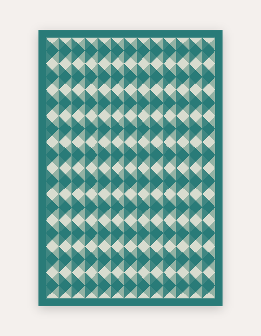 Gail Swankymat oversized 6x9 non-toxic high-density foam exercise and play mat in jade-green diamond argyle geometric pattern with teal border, styled flat as a rug alternative