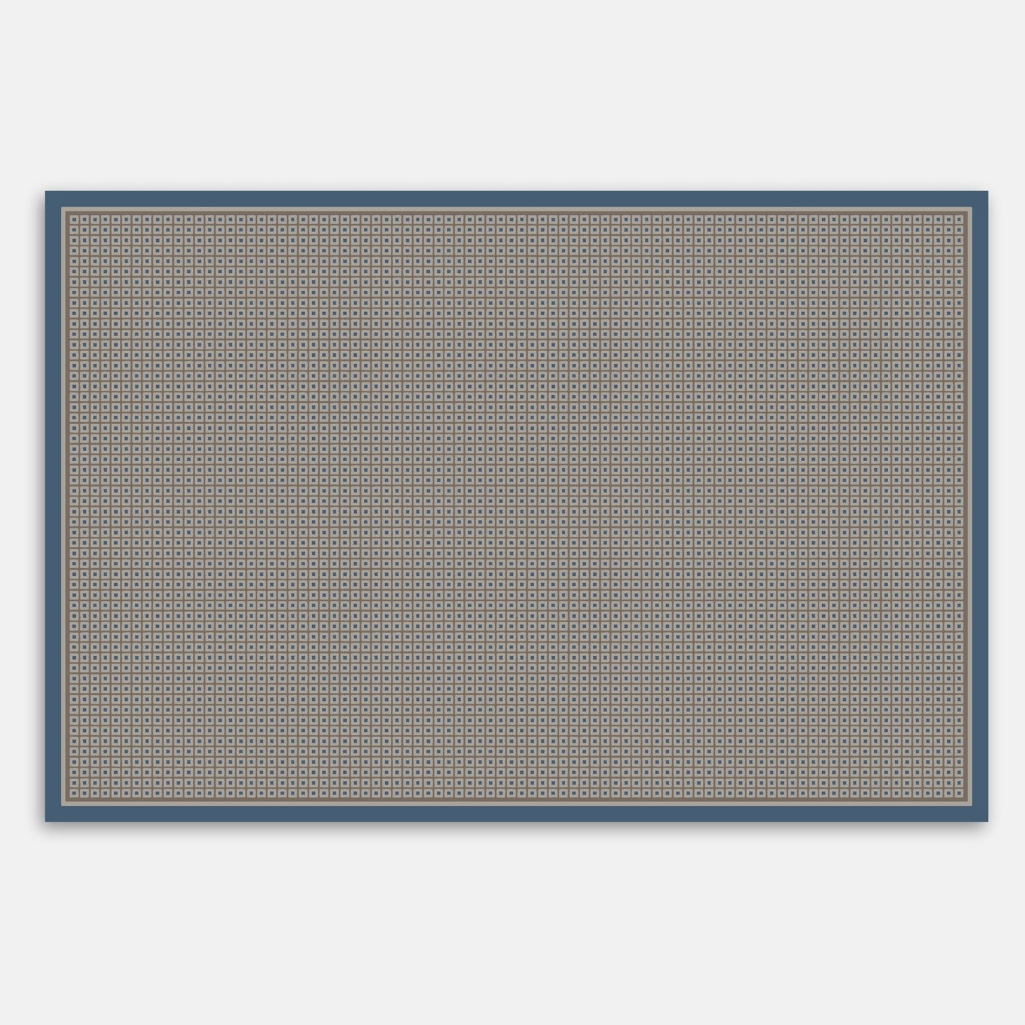 Rectangular rug with a neutral and blue geometric pattern on a plain background