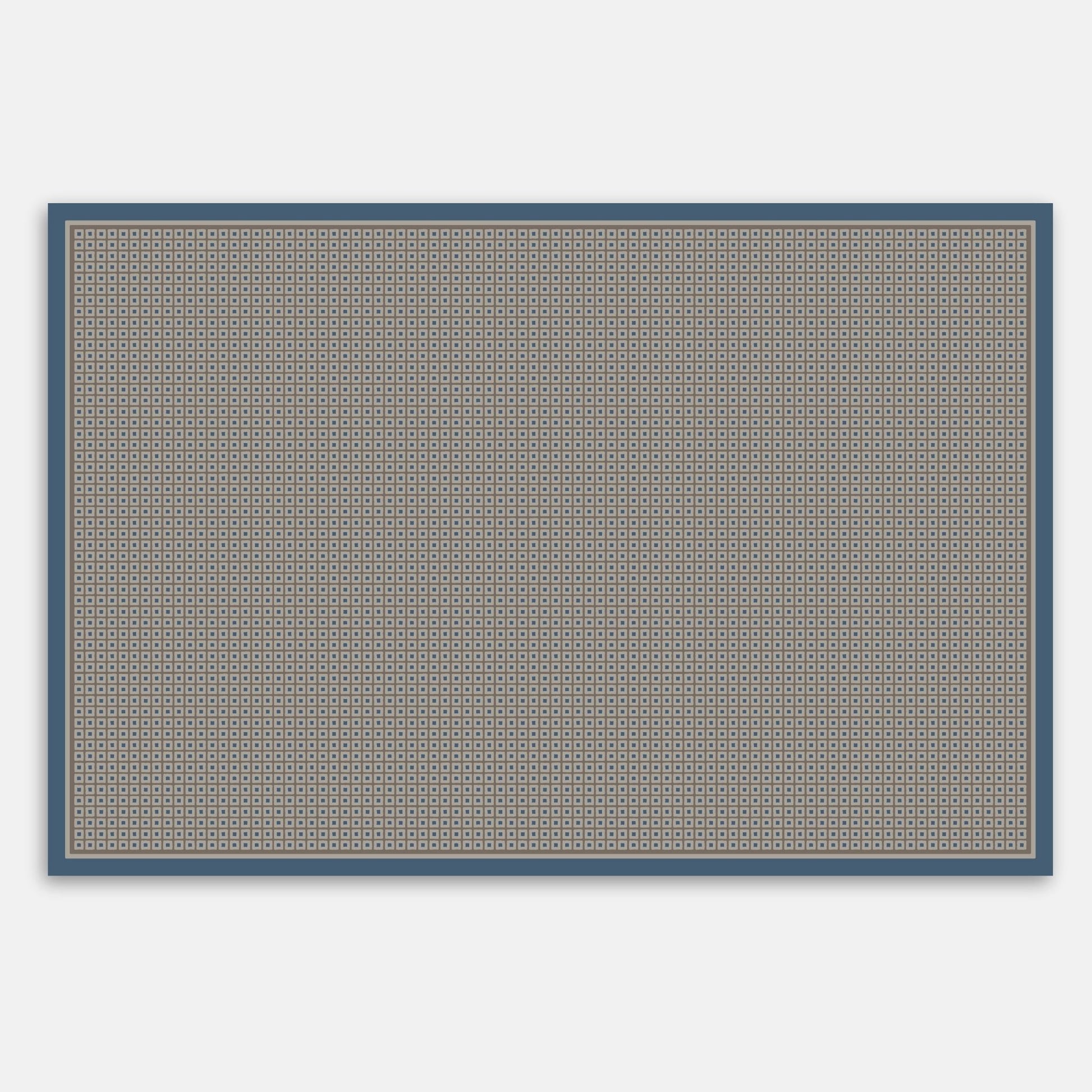 Rectangular rug with a neutral and blue geometric pattern on a plain background