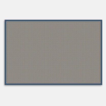 Rectangular rug with a neutral and blue geometric pattern on a plain background