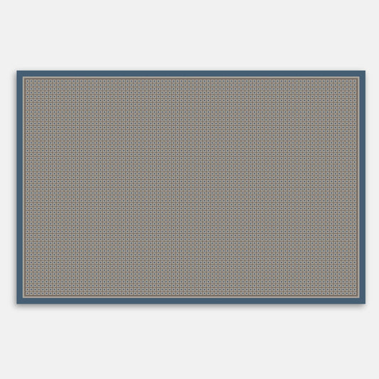 Rectangular rug with a neutral and blue geometric pattern on a plain background