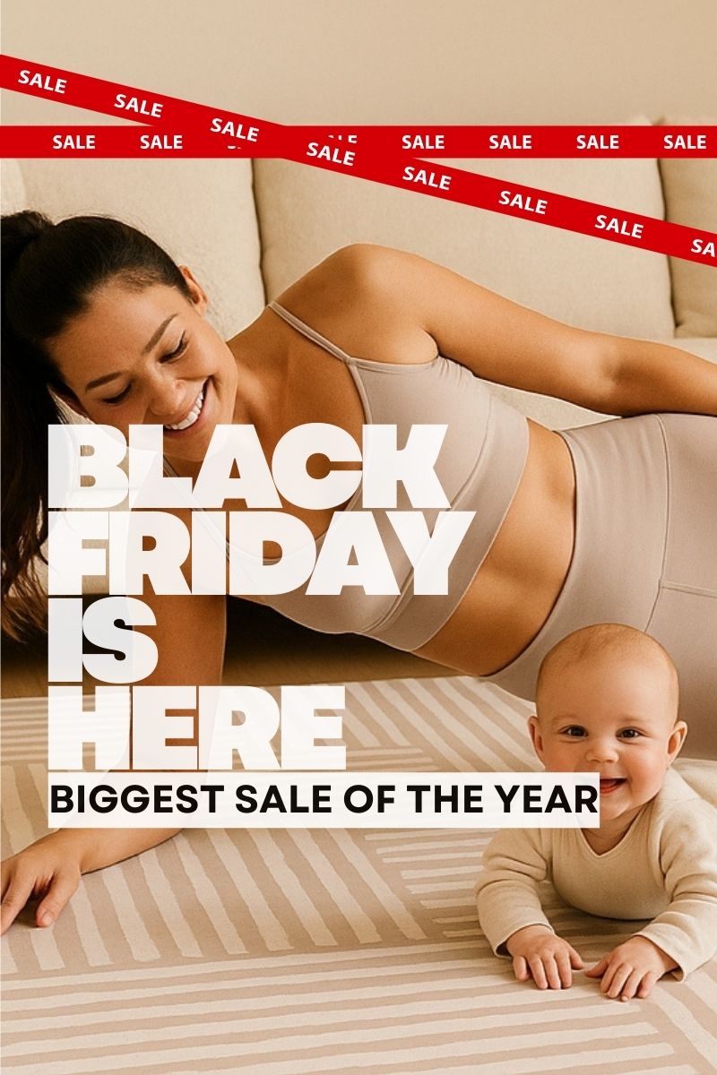 Mom doing a yoga on a neutral Swankymat yoga mat and baby play mat with her baby smiling beside her with Black Friday sitewide deals